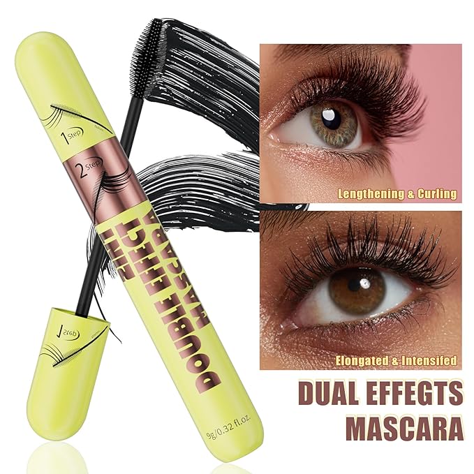 QIC 2 in 1 Mascara Black, Dual-Effect Length & Volume, Waterproof 12H Wear, Smudge-Proof 2 Step Mascara for Natural to Full Lashes, 4D Silk Fiber Lash 2 Step, No Clumping, Easy Removal