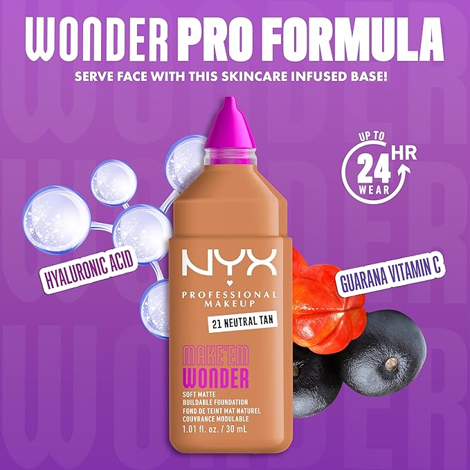 NYX PROFESSIONAL MAKEUP Make 'Em Wonder Liquid Foundation, 24HR Foundation Makeup With A Soft Matte Finish, Buildable Full Coverage - 21 Neutral Tan