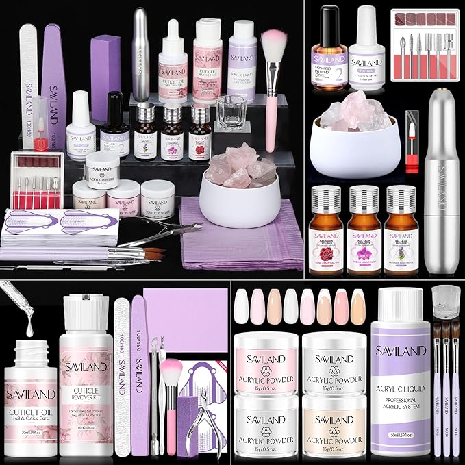 SAVILAND Acrylic Nail Kit with Drill: Professional Acrylic Nail Set with Powder, Liquid, Brush, Cuticle Remover & Oil, Essentials Tools for Beginners – DIY Manicure Kit for Home or Salon Use