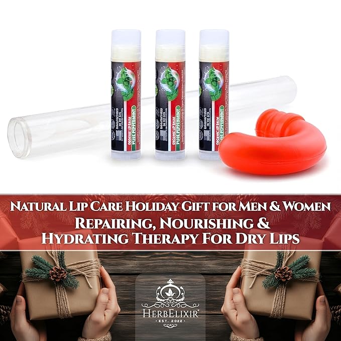 Organic Peppermint Lip Balm 3 Pack | Candy Cane Stocking Stuffer | Repairing, Nourishing & Hydrating Therapy for Dry Lips | Natural Care Gift for Men & Women