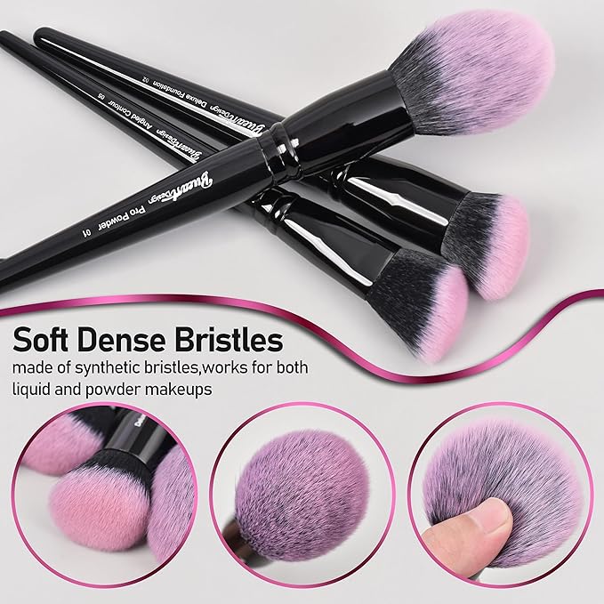 Bueart Design 18Pcs Pro Deluxe Fuchsia Pink Black Makeup Brushes set with Travel Make up Brush Holder case Foundation concealer contour Blush eyeshadow face make up brush set