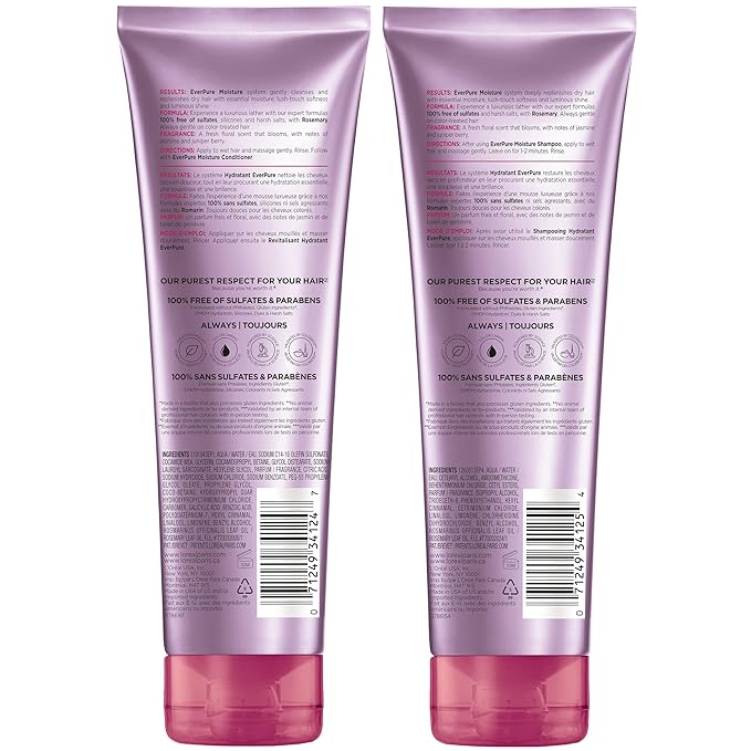 L'Oreal Paris Moisture Sulfate Free Shampoo and Conditioner Set, Hair Care for Color-Treated Hair with Rosemary Botanicals, EverPure, 1 Kit