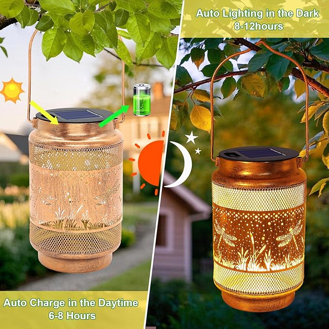 2 Pack Dragonfly Solar Lanterns Outdoor Waterproof Solar Garden Decor, Birthday Gifts for Christmas Women Mom Grandma, Metal Hanging Lights with Shepherd Hook for Outside Yard Patio Pathway Porch