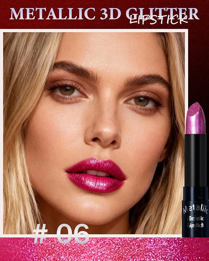 Glitter Metallic Lipstick for Women,Long Lasting Shimmer Sparkling Diamond Lipstick Glitter High Pigmented Lip Gloss Metallic Matte Nude Red Lip Color Stain Waterproof,Non Stick Lips Makeup-06