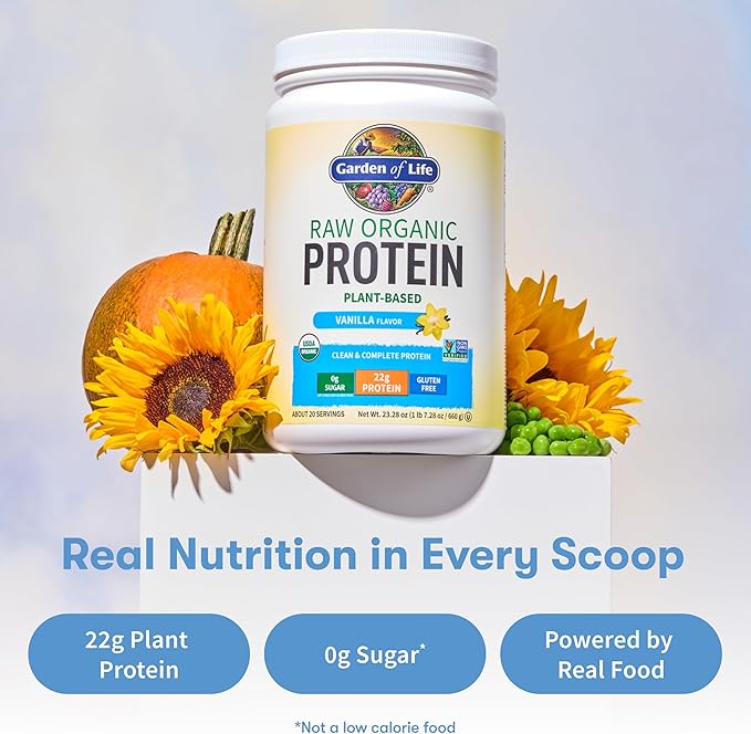 Garden of Life Protein Powder, Vegan Protein Powder, BCAA, Probiotics & Digestive Enzymes, Gluten & Lactose Free, Vanilla, 1.5 LB