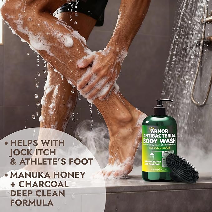 Antibacterial Body Wash | Antifungal Soap for Men & Women | Kills 99.9% of Germs & Bacteria | Helps with Back Acne, Body Odor & Jock Itch | Manuka Honey & Charcoal | Includes Scrubber16 fl oz
