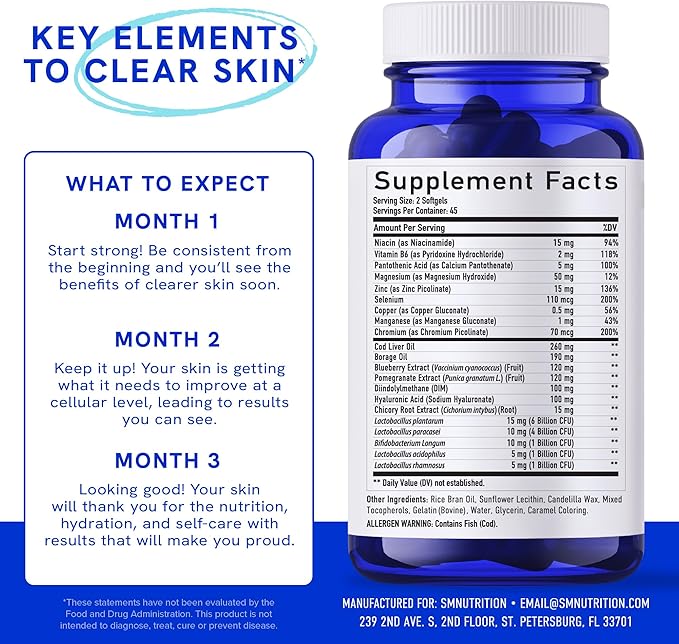 Clear Skin Supplement with Zinc, DIM & Probiotics | 3-in-1 Balance, Glow & Health Skin Support | Triple Action Hyaluronic Acid, Niaciminide & Vitamins for Hormone, Complexion & Gut Support | 120 Ct