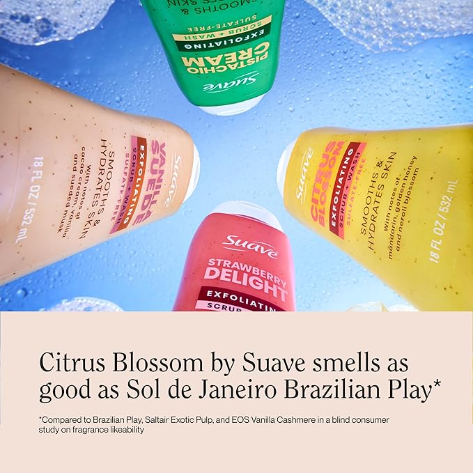 Suave Citrus Blossom Exfoliating Body Wash & Scrub with Glycerin & Vitamin E, Sulfate-Free Hydrating Cleanser for Soft, Smooth Skin, 6 Count, 18 FL OZ EA