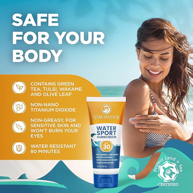 STREAM 2 SEA SPF 30 Mineral Sunscreen Biodegradable and Reef Safe, 1 Fl oz Travel Size Pack of 3, Paraben Free Non Greasy and Moisturizing Mineral Sunscreen For Face and Body Against UVA and UVB