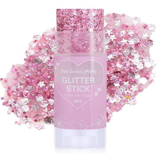 Pink Hair Glitter Stick, Chunky Sequins Body Face Glitter Singer Concert Outfits For Women,Halloween Body Paint for Kids,Waterproof Shimmer Music Festival Pink Out Accessories for Spirit Week