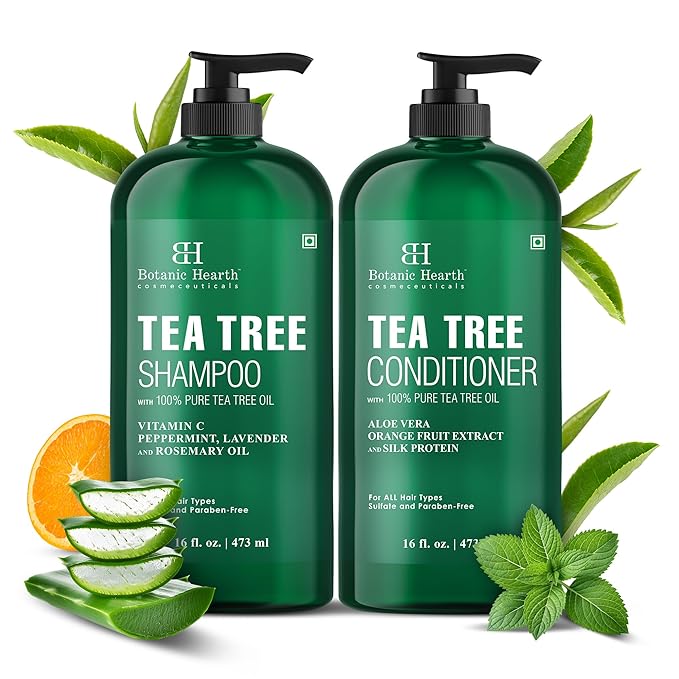 Botanic Hearth Tea Tree Shampoo and Conditioner Set | with 100% Pure Tea Tree Oil, for Itchy and Dry Scalp, Sulfate/Paraben Free | for Men and Women | 16 Fl Oz Each