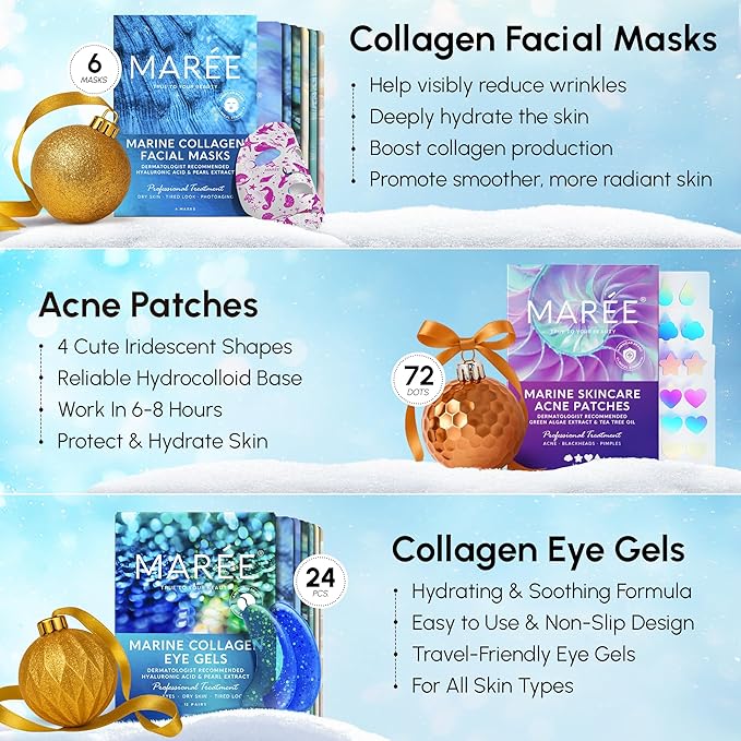 MAREE Holiday Skincare Gift Set — Under Eye Patches, Collagen Face Mask & Cute Pimple Patches for Face — Christmas Gifts & Stocking Stuffers for Women and Men — Top Christmas Gifts for Mom & Coworkers