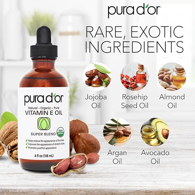 PURA D'OR 4 Oz Organic Vitamin E Oil – USDA Certified Face, Body, Hair & Bath Oil with Argan, Jojoba, Rosehip, Apricot, Almond & Avocado – Lightweight Moisturizing Blend for Soft, Smooth Skin