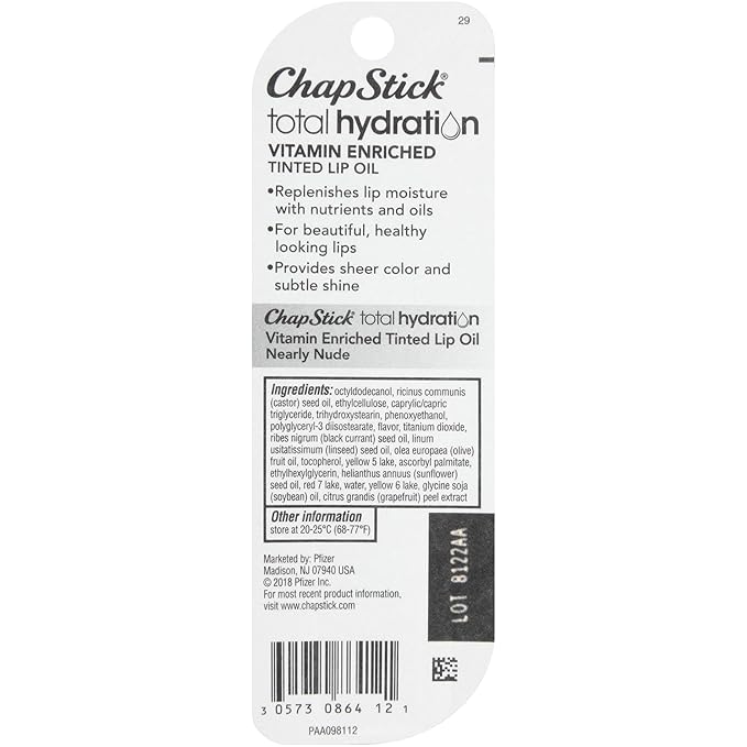 ChapStick Total Hydration Vitamin Enriched Tinted Lip Oil (Nearly Nude, 1 Tube), Vitamin C, Vitamin E, Contains Omega 3 6 9, 0.24 Ounce