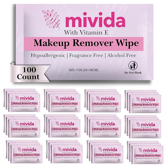 mivida 100 Count Individually Wrapped Makeup Remover Wipes with Vitamin E | Fragrance-Free, Alcohol-Free makeup wipes | Hypoallergenic single make up removing wipes