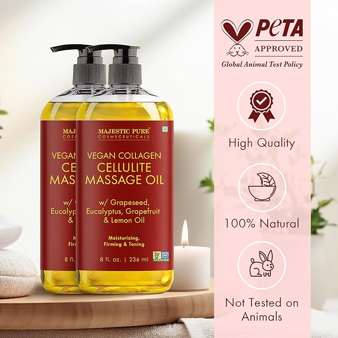 Majestic Pure Firming Body Massage Oil with Collagen – Helps Smooth The Appearance of Cellulite & Improve Skin Texture – Refreshing Aromatherapy Body Oil for Legs & Full Body – 8 Fl Oz Pack of 2