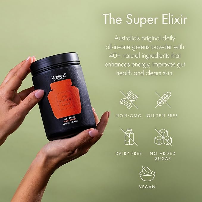 WelleCo The Super Elixir Daily Greens Powder, Probiotic Drink Mix with Whole Foods, Gluten Free, Vegan Gut Health Powder, Energy, Immunity, Healthy Skin, Hair & Nails (Jar, Blood Orange)