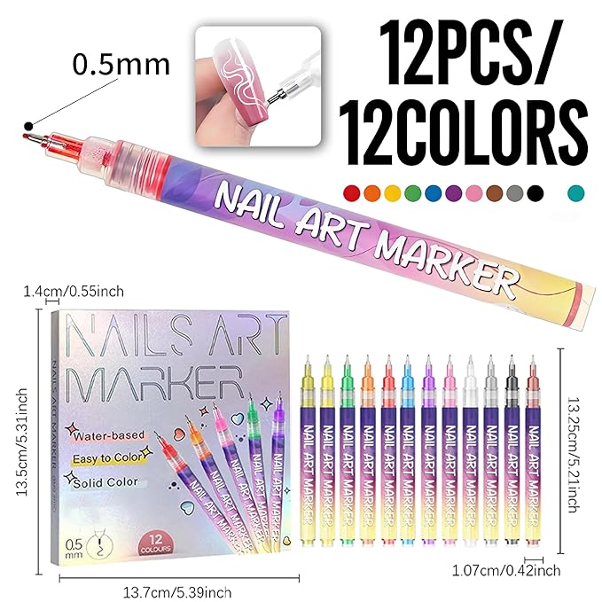 12 Colors Nail Art Pens Set,Nail Art Markers for Gel Nails,Fine Tip Nail Art Pen 0.5mm,Drawing Painting Liner Brush for DIY Nail Art Drawing Painting Tools (A-1 Set)
