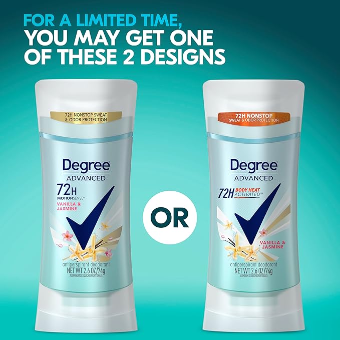 Degree Advanced Protection Antiperspirant Deodorant Vanilla & Jasmine for 72-Hour Sweat & Odor Control for Women, with Body Heat Activated Technology, 2.6 oz