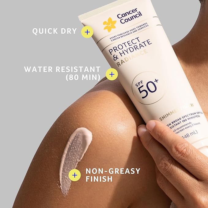 Cancer Council Protect & Hydrate Radiance Body Sunscreen SPF50+, Shimmer Finish Sun Care, Broad Spectrum UVA/UVB Sun Protection, Water Resistant, Paraben & Fragrance Free, Water Resistant, 5fl. oz.