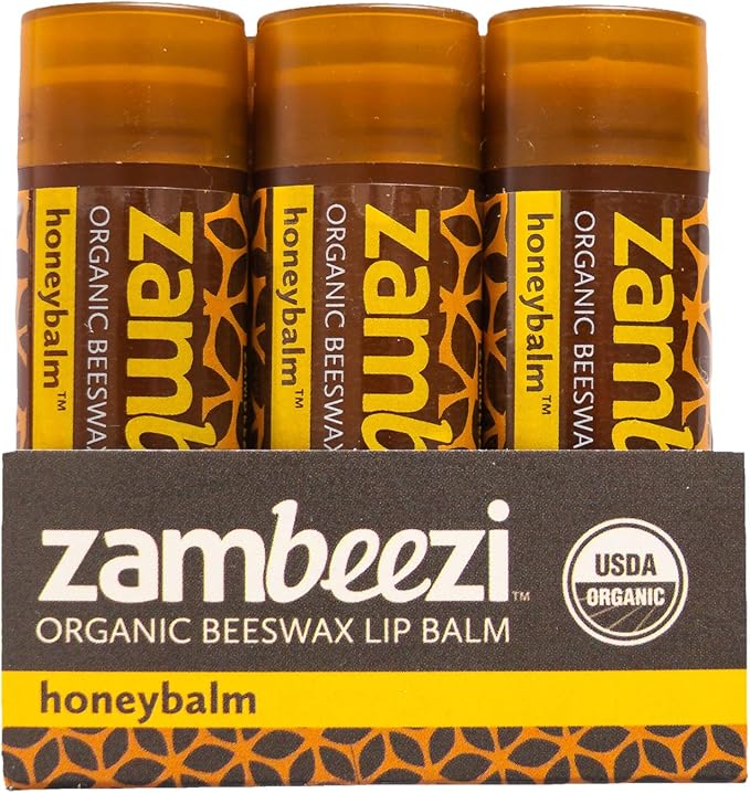 ZAMBEEZI Organic, Fair Trade Beeswax Lip Balm - Honeybalm 3 Pack - Ethically Sourced - Honey Flavor
