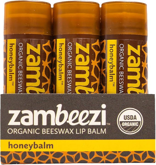 ZAMBEEZI Organic, Fair Trade Beeswax Lip Balm - Honeybalm 3 Pack - Ethically Sourced - Honey Flavor