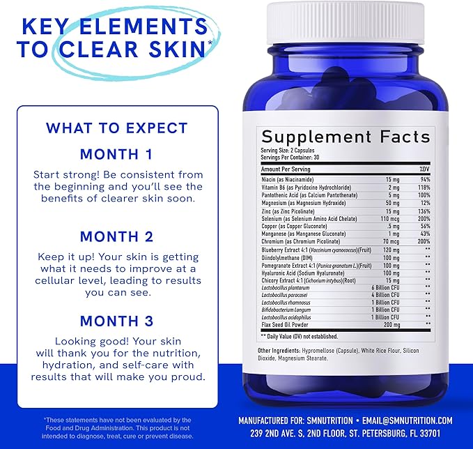 Clear Skin Supplement with Zinc, DIM & Probiotics | 3-in-1 Balance, Glow & Health Skin Support | Triple Action Hyaluronic Acid, Niaciminide & Vitamins for Hormone, Complexion & Gut Support | 60 Ct