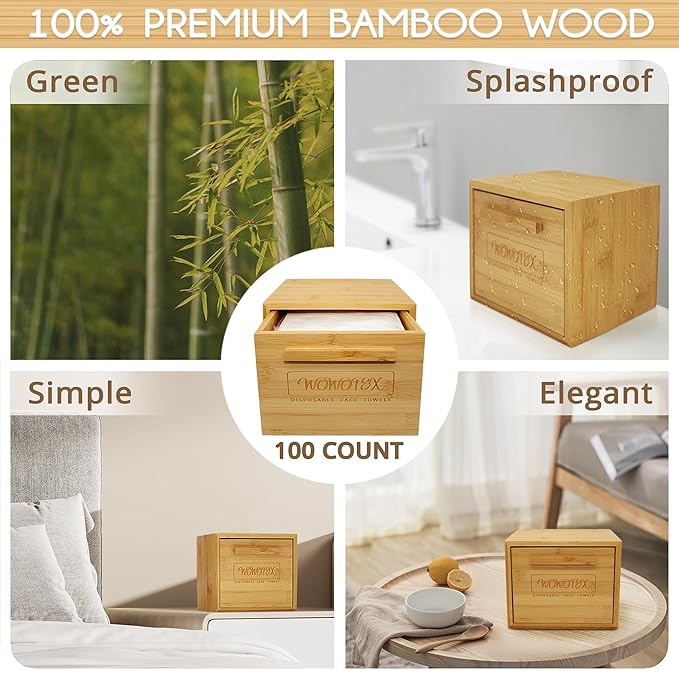 Luxe Bamboo Towel Container (Bamboo Box Towel Holder) with Disposable Face Towels Biodegradable Large Dry Wipes 100 Count Extra Thick Soft Clean Facial Towels for Facial Cleansing