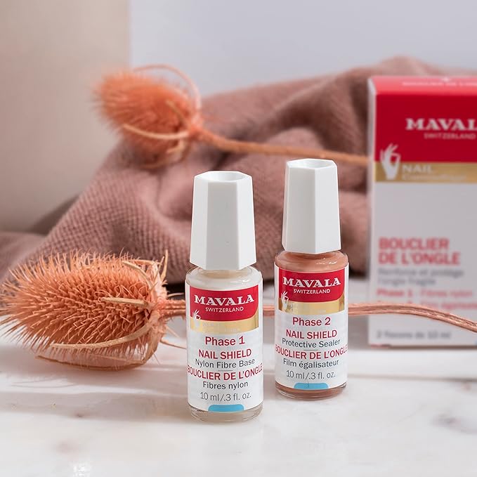 Mavala Nail Shield, 2 Count, Phase 1 & 2, Clear Nail Polish Top Coat, Nail Strengthener, Nail Growth & Nail Hardener Treatment, Nail Care and Repair for Brittle or Split Nails