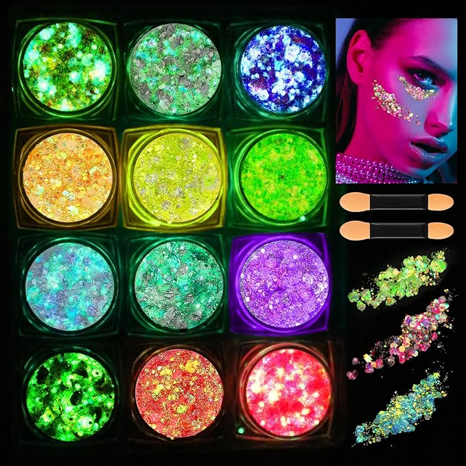 12 Colors Glow in The Dark Makeup UV Black Light Glitter Gel for Body Face Hair Eyeshadow for Raves Festivals Carnival Party