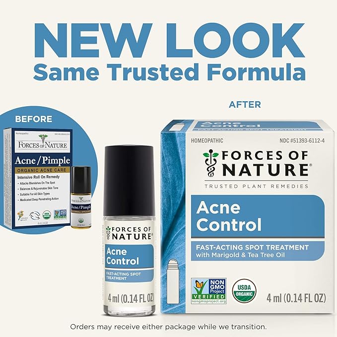 Forces of Nature Natural, Organic Acne Skin Care Treatment, Non GMO, No Harmful Chemicals, Cruelty Free - Acne & Pimple Control, Clear & Balance Skin Tone, 0.14 Fl Oz