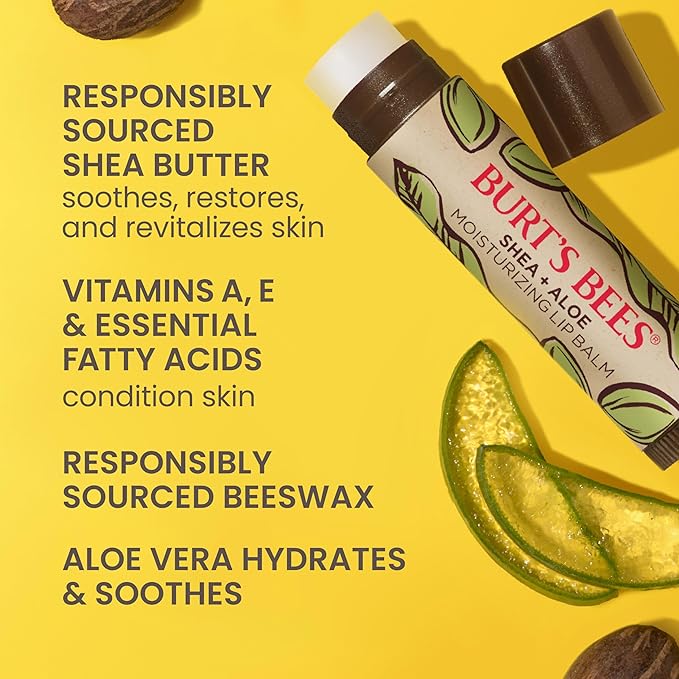 Burt's Bees Shea + Aloe Lip Balm Stocking Stuffers Christmas Gifts, Antioxidant Vitamin Rich Formula Locks in Moisture for Instant Hydration, Natural Smoothing Lip Treatment for After Sun Care(4-Pack)