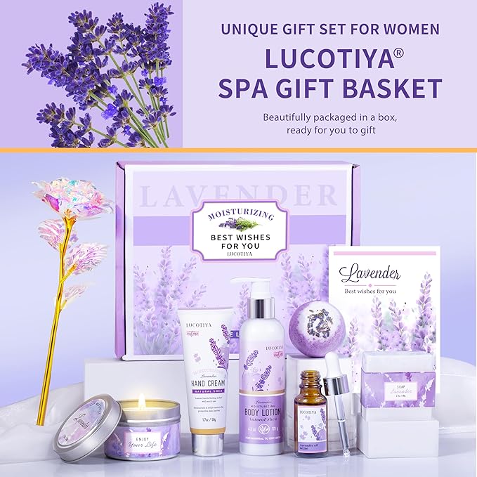 Lavender Spa Bath and Body Gift Set - Relaxing Self Care Baskets for Women - Birthday Gifts for Her, Sister, Mom, Wife
