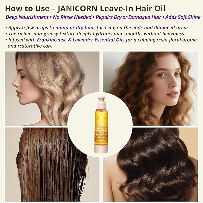 JANICORN Leave-In Hair Oil – Nourishing & Conditioning Oil with Jojoba & Argan Oils, Frankincense & Lavender Aroma, Smoothness & Frizz Control for Dry or Damaged Hair, 3.4 fl oz / 100 ml