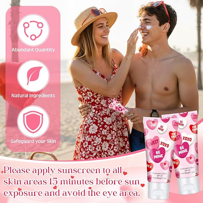 24 Pcs Mini Sunscreen Bulk for Valentine's Day Party Spf 30 Water Resistant Sunscreen Lotion Bulk 1oz Travel Size for Thank You Gifts Valentines Party Supplies