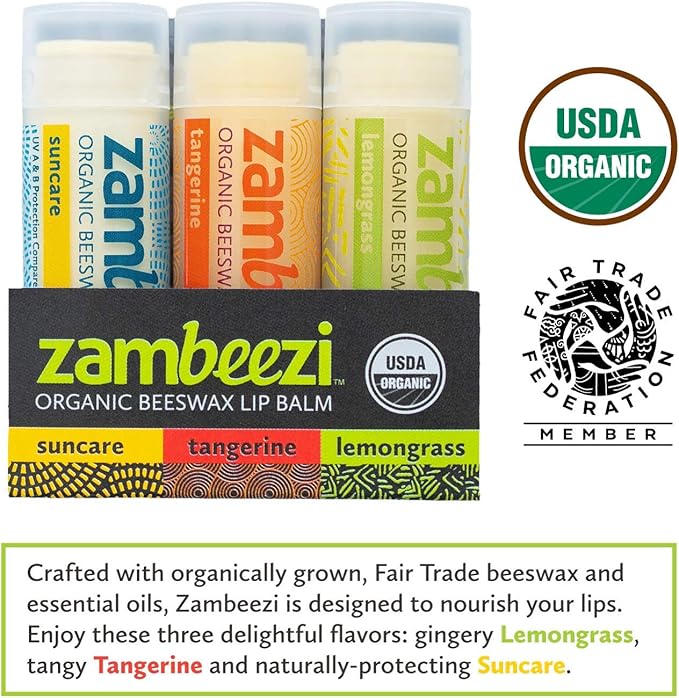 ZAMBEEZI Organic, Fair Trade Beeswax Lip Balm - Variety 3 Pack (Suncare, Tangerine and Lemongrass) - Ethically Sourced