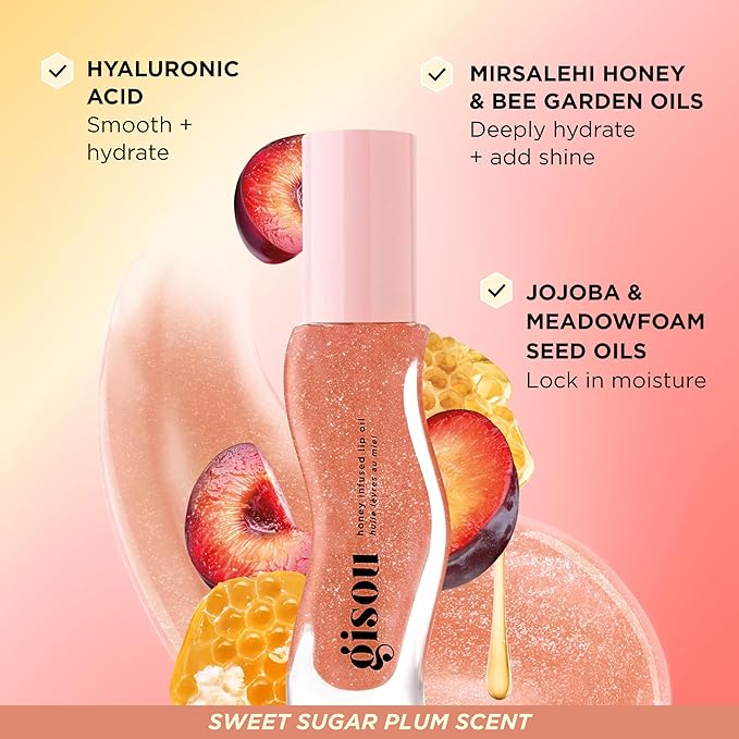Gisou Honey Infused Hydrating Lip Oil, Nourishing Lip Moisturizer for Dry Lips (Glazed Plum)