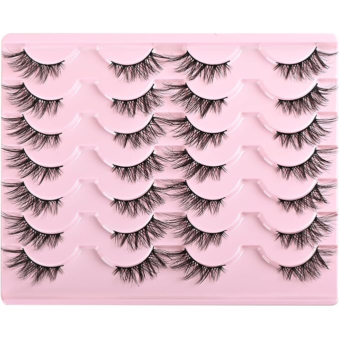 FARRED Half Eyelashes Natural False Lashes Wispy Cat Eye Strips Eyelash 14 Pairs Faux Mink Strip Eye Lashes Pack for Daily Makeup (F20 | 8-15 mm)