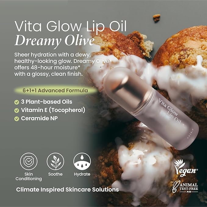 AXIS-Y Vita Glow Lip Oil with Vitamin E & Ceramide - Nourishing & Revitalizing Dry, Chapped Lips with Long Lasting Moisturization - Vegan Korean Skin Care Lip Treatment - 0.13 fl. oz. (Dreamy Olive)