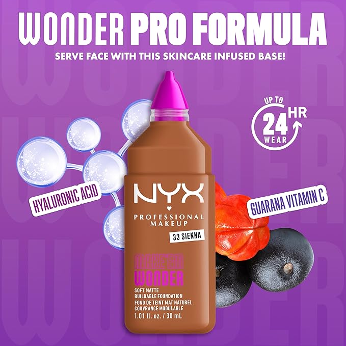 NYX PROFESSIONAL MAKEUP Make 'Em Wonder Liquid Foundation, 24HR Foundation Makeup With A Soft Matte Finish, Buildable Full Coverage - 33 Sienna