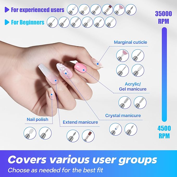 Breosic Electric Nail Drill,12-in-1 Nail File Portable 35000RPM,USB-Rechargeable Cordless Nail Drill Professional with 9-Speed & LED Display Manicure Pedicure Nail Kits forGel Nails & Acrylic(Gray)
