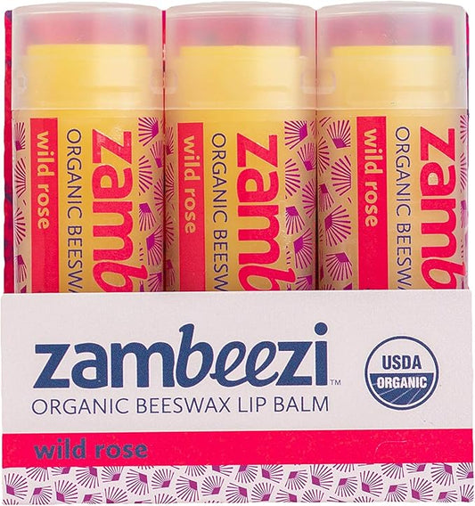 ZAMBEEZI Organic, Fair Trade Beeswax Lip Balm - Wild Rose 3 Pack - Ethically Sourced