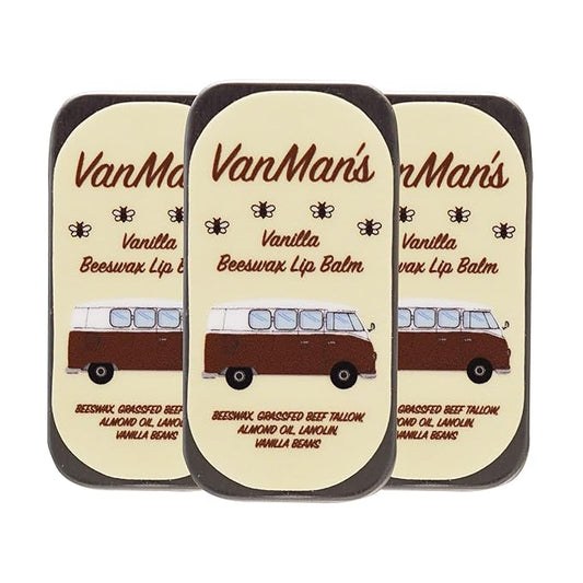 VanMan Beeswax Lip Balm Tin – Organic Tallow Balm with Grass-Fed and Finished Suet Beef Tallow, Sweet Almond Oil, and Lanolin – Hydrating Lip Moisturizer – Vanilla – 3 Tin Pack