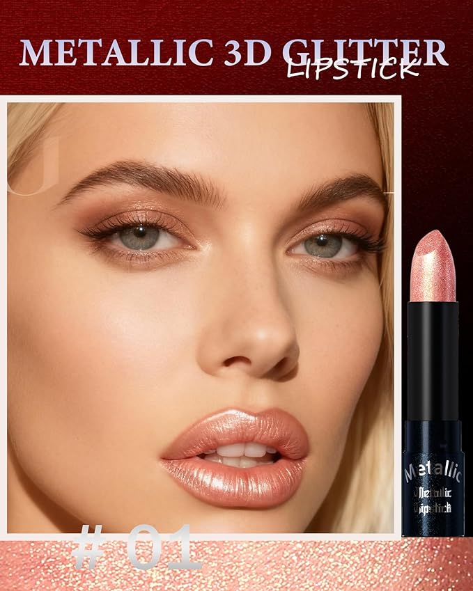 Glitter Nude Pink Metallic Lipstick for Women,Long Lasting Shimmer Sparkling Diamond Lipstick Glitter High Pigmented Lip Gloss Metallic Matte Red Lip Color Stain Waterproof,Non Stick Lips Makeup-01