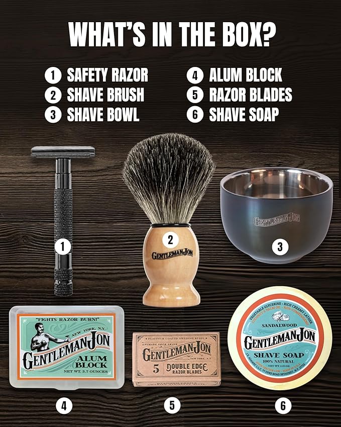 Gentleman Jon Safety Razor Shaving Kit - Vintage Wet Shave Grooming Set for Men, With Old Fashioned Razor, Badger Hair Shaving Brush, Alum Block, Shave Soap, Stainless Bowl & Double Edge Safety Blades