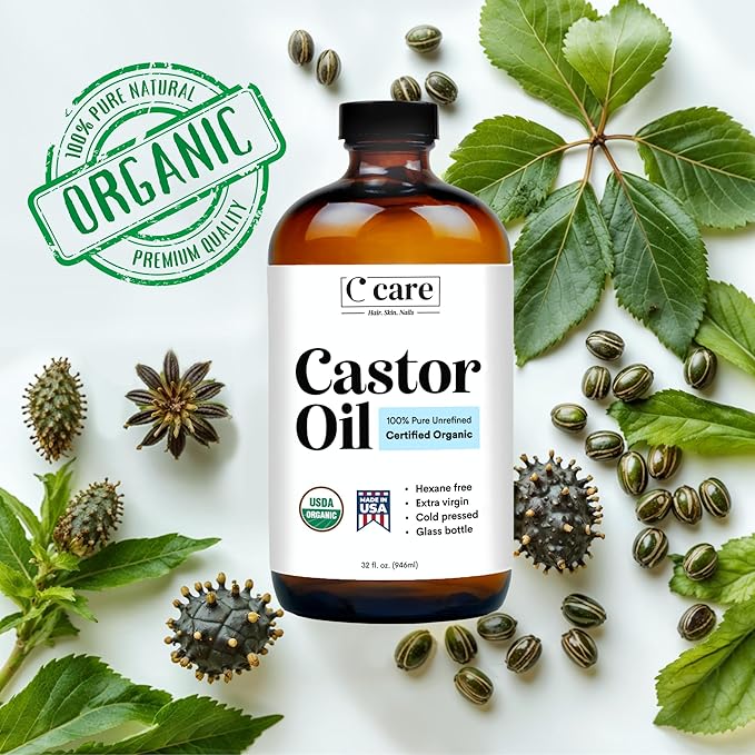 C CARE Castor Oil 100% Pure Organic Cold Pressed Unrefined Glass Bottle | USDA Certified Organic | Hexane Free Extra Virgin | For Hair Growth Eyebrows Eyelashes Skin and Castor Oil Pack Wrap