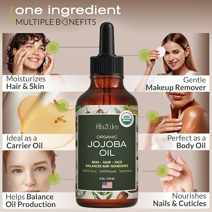 Ella & Eden Organic Jojoba Oil – USDA Certified, Cold-Pressed, 100% Pure & Unrefined, Hexane-Free Oil for Skin, Face, Hair & Nails – 4 Fl Oz Glass Bottle