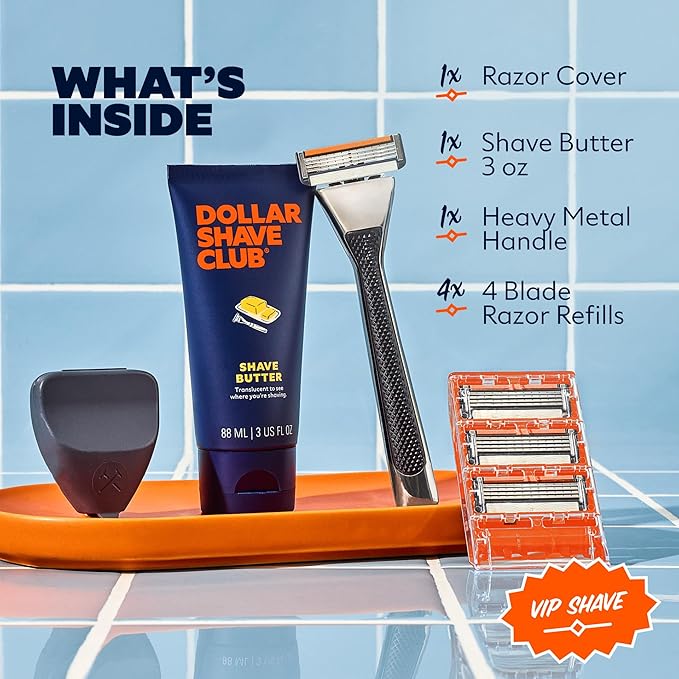 Dollar Shave Club | The VIP Shave Set | 4 Swift Rinse Refill Cartridges, 1 Heavy Metal Handle, 1 Shave Butter 3 ounce, 1 Razor Cover, Razors for Men