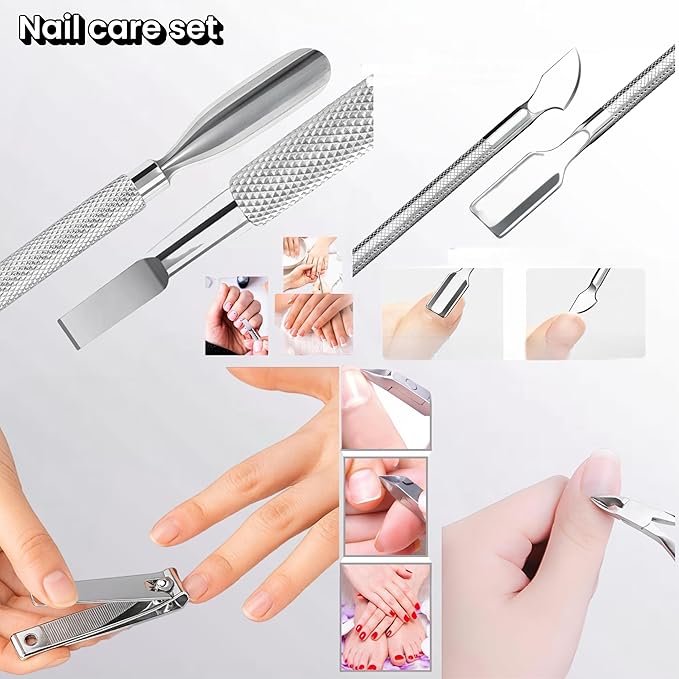 UM Supplies 4PCS Nail Care Set + Storage Pouch | Professional Cuticle Nipper with 2 Pushers and Nail Cutter Stainless Steel | Manicure Pedicure Tool | Jaw 14 (5mm) Double Spring