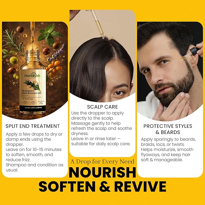 Herbishh Rosemary Hair Essence Oil (50 ml, Pack of 2) With Peppermint & Lavender – Growth Oil for Hair Thickening, Dry Scalp Treatment, Helps Support Regrowth & Reduce Breakage, For Men & Women